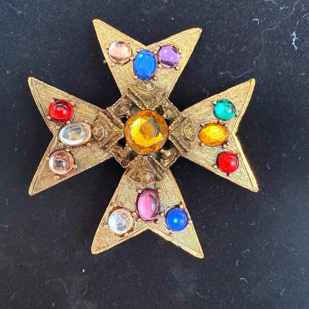 Vintage Mid Century Maltese Cross Brooch Multi Color Glass Gem Stones Gold Tone